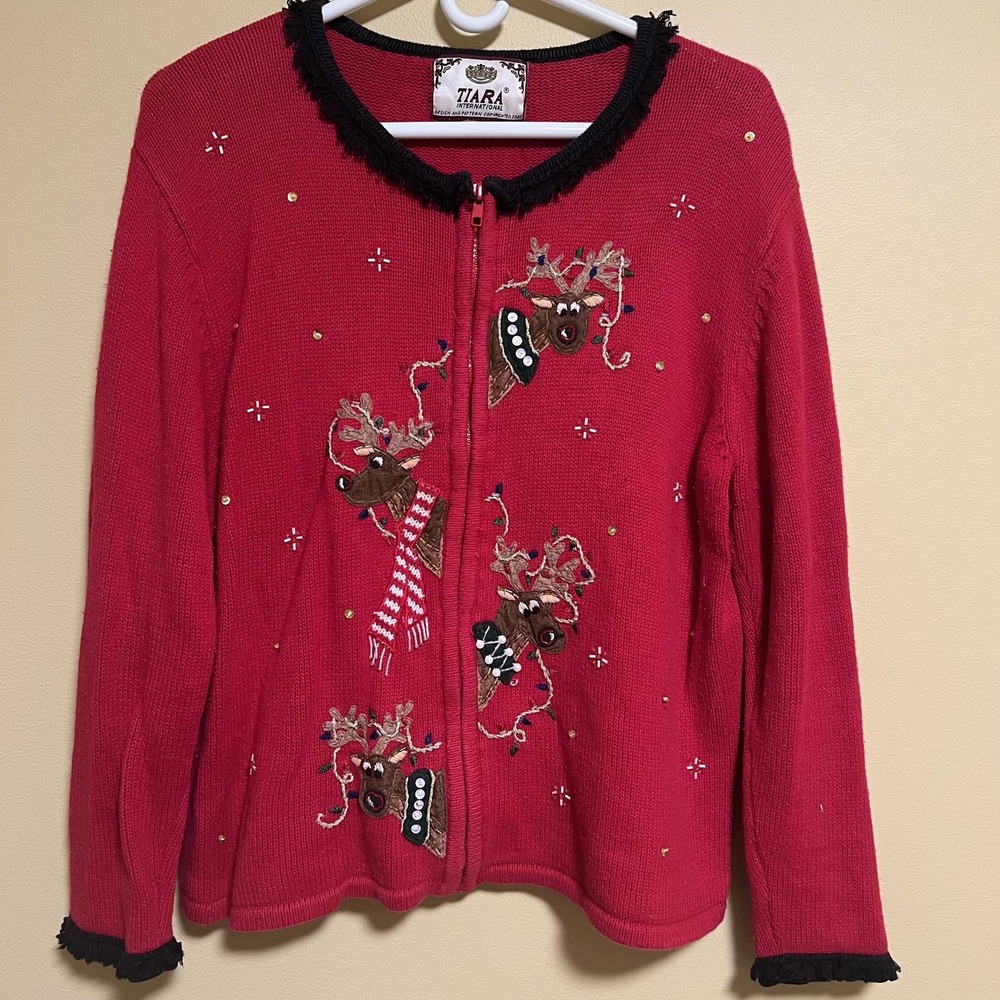 Vtg Tiara International Women's Sweater Ugly Christmas Holiday Knit Reindeer Lg
